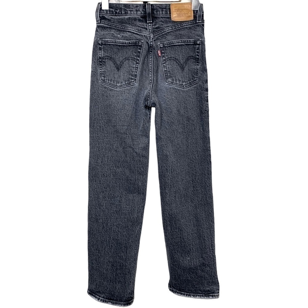 Levis Premium Ribcage Straight Black Worn Jeans Sz 24 Hi Rise Ankle Button Fly - Picture 3 of 14